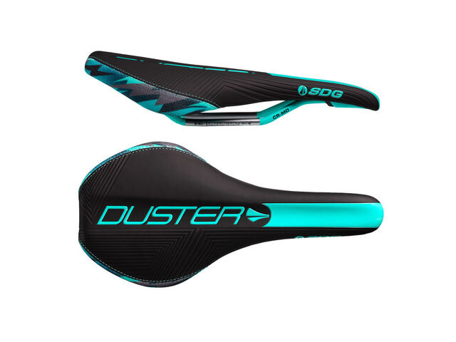 SDG COMPONENTS Duster Mtn P Cro-Mo Rail Saddle Black/Teal Camo click to zoom image